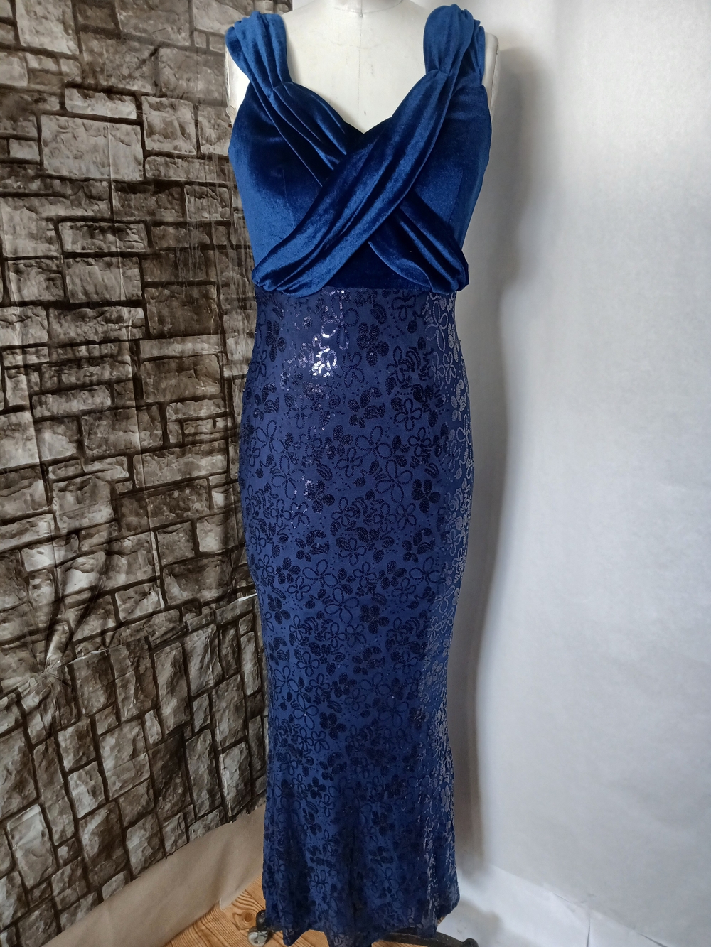 Blue Velvet & Sequin Floral Maxi Dress
